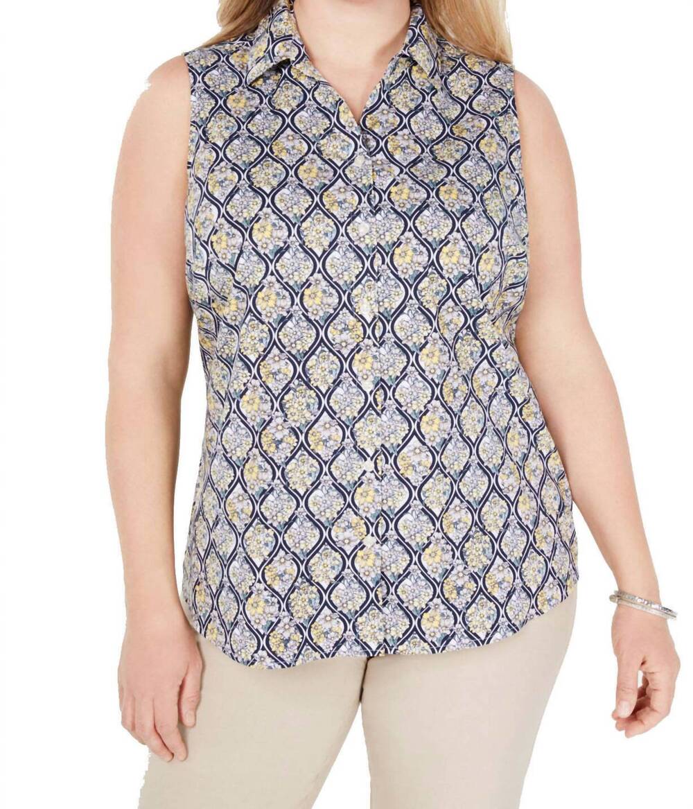 NEW CHARTER CLUB LUXURY sleeveless printed top - plus in citron aura combo